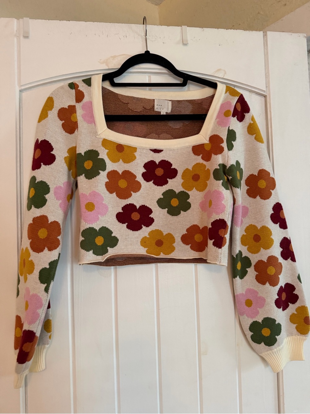 Coco McCall Floral Square-Neck Cropped Sweater, S